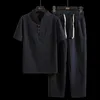 Short Sleeve T Shirt Men Sets V Neck Drawstring Casual Trousers Formal Summer Wear Clothes Set Chinese Style Cotton Linen Suit1210H