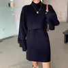 Ezgaga Knit Two Piece Set Women Fashion Turtleneck Sweater Jumper Sleeveless Elegant Dress Loose Solid Pullover Office Lady 220221