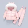 Casaco da criança crianças para baixo jaqueta terno do bebê menina casaco + macacão conjunto de roupas engrossado 14 anos crianças roupas inverno russo puffer 2112