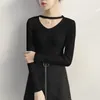 AOSSVIAO V Cou Chandails Femmes 2019 Automne Hiver À Manches Longues Sexy Slim Tops Solide Streetwear Tricoté Coréen Pull Bordeaux T200101