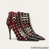Kvinnor Rockstud Alcove Patent Läder Stövlar Sexig Lady High Heel Golden Rivets Cut-Outs Black Gold Red Party Boot Fashion New Luxurys