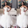 2023 Sexy African Mermaid Wedding Dresses Sweetheart Illusion Lace Appliques Crystal Beaded Ruffles Tiered Organza Formal Bridal Gowns