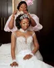2021 Luxury South Africa Crystals Beads Mermaid Wedding Dresses High Neck Sheer Long Sleeves Shiny Formal Bridal Gowns Vestidos de novia