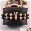 Charm Bracelets Jewelry Luxury Mens Royal Hand 2Pcs/Set Elastic 8Mm Natural Matte Black Stone 18K Gold Micro Cz Beads Crown Bracelet Set Dro