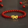 999 echtes Gelbgold-Armband für Damen, Luck Bless Pixiu-Charm mit roten Achat-Perlen, Armband 6. LJ201020