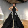 Siyah Sparkly Abiye Ayrılabilir Tren Halter Boncuklu Sequins Balo Elbisesi Basamaklı Ruffles Kat Uzunluk Örgün Parti Kıyafeti CG001