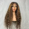 Perruque Lace Wig brésilienne Remy bouclée en soie, cheveux naturels à reflets brun miel blond, 5x5 pouces, 13x6, densité 150, ombré