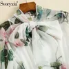 Svorexiu Runway Designer Summer Long Dress Women's Elegant Bow Collar Rose Flower Print Bohemian Holiday Chiffon Dresses Y200281o