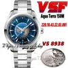 2022 VSF Aqua Terra 150M GMT Worldtimer 8938 Relógio Automático Masculino 220.12.43.20.03.001 43mm Mostrador Azul SS+ Pulseira de Aço Inoxidável e Caixa Super Edição Relógios Eternity