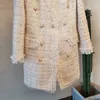 Tweed Plaid lange jas vrouwen parel dubbele breasted witte wollen jas herfst winter slanke vintage uitloper lange mouw plus size LJ201106