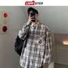 Lappster mens harajuku xadrez vintage 2020 homem japonês bolsos de rua camisetas de manga longa de manga comprida