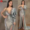 Seksowna Srebrna Sheath Długie Rękawy Suknie Wieczorowe Nosić Illusion Crystal Frezowanie High Side Split Długość Party Dress Dress Prom Suknie Otwórz Wsteczki De Soirée 2022New