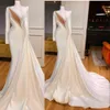 2021 New Elegent Sexy Mermaid Wedding Dresses High Neck Keyhole Long Sleeves Crystal Pearls Court Train Satin Custom Formal Bridal Gowns