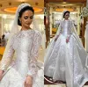 Vintage Princess Ball Gown Wedding Dresses Illusion Lace Long Sleeves Appliqued Dubai Sweep Train Bridal Dress 2021 Royal Wedding Gowns