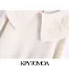 KPYTOMOA女性のスウィートファッション刺繍入り襟ニットセータービンテージロングスリーブフリル女性プルオーバーシックトップス201204