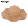 New 2020 Straw hats Women Summer Bow Pearl Wide Brim chapeu pescador femme Beach Sun Hat summer cap sombrero mujer playa1234D