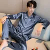 ВМС Blue Men Satin Pajamas набор 2 шт. Рубашка Брюки Плюс Размер Pajamas костюм с длинным рукавом Пара Спящая Ночная одежда 3XL 4XL 5XL