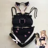 Cosplay Anime Ruffle Bra Brief Set Cartoon Cute Lolita Collar Pierced Kawaii Girl Sexy Lingerie Embroidered Cat Footprints Y200708