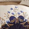 US KING Królowa Rozmiar Chic Haftowany Biały Niebieski Luksusowy Zestaw Pośmienny 60. Egipski Bawełniany Łóżko Zestaw Duvet Cover Poszewka C0223