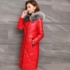 Skórzana kurtka z prawdziwej skóry owczej dla kobiet zima futro kołnierz z kapturem długie płaszcze duże rozmiarek chaqueta mujer kj609