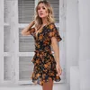 Lossky Femmes Robe D'été Floral Imprimé Col En V À Manches Courtes À Lacets Robes Courtes Mini Manches Papillon Robe D'été Élégant 2019 Y0118