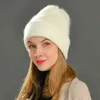 Vinter hatt för kvinnor kanin cashmere stickade mössa tjocka varma vogue damer ull angora kvinnlig beanie s 211228