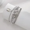 Pulseras con dijes a la moda para mujer, ropa de calle Punk, pulsera de oro/plata con diamantes de imitación, pulsera de cadena gruesa con patrón de bloqueo multicapa, joyería