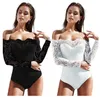 Bodycon à manches longues pour femmes Combinaison Romper Justaucorps Club Body Tops Lady Sexy Encolure Broderie Maille Dentelle Skinny Body T200704
