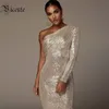 VC Sexy One Shoulder Dress Sparkle Glitzy Sequins Dress Mesh Patchwork Celebrity Christmas Party Vestidos 220228