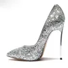 Charming Women Bling Sequins Dress Shoes Shinner Wedding Pumps Pointed Toe Slip-On Shallow High-heeled Blade Metal Heel Glitter Shoe