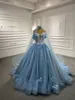 2022 princesa marfim laço luz azul vestido de noiva longos trem mão fez flores pérolas frisadas fora do ombro vestidos nupciais tule