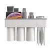 Wall Mount Tandenborstelhouder Automatische Tandpasta Dispenser Tandpasta Squeezer met Cup Storage Rack Badkamer Accessoires Set LJ201204