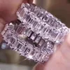 Lüks 925 STERLING Gümüş Pave Emerald Cut Simüle Elmas Düğün Nişan Kokteyl Kadın Topaz Band Rings Fine Taş Takı