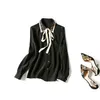 2023 Spring Long Sleeve Lapel Neck Black / Khaki Contrast Color Natural Real Silk Ribbon Tie Bow Beaded Soie Blouse Elegant Shirt WD282920