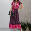 Платье длины летнего этажа Boho Женщины цветочные макси -платья Большой размер с коротким рукавом V -шея и размер xxxl 4xl T200604