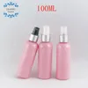 100 ml rosa plastflaska med silverspraypump, 100cc Tom kosmetisk behållare Toner / vattenförpackning (50 pc / parti)