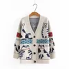 Plus Size Cardigans Women V-Neck Red Brown Coat Gils Oversize Sweater Cartoon Jacquard Knitting Female Clothing Tops