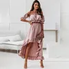 Summer Elegant Ruffled Backless Dress Set Women Fashion Puff Sleeve Axevless Elastic Two Pieces Ladies Maxi Dresses Robe Femme 220221