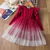 Girls Winter Dresses For Kids Long Sleeve Sequin Mesh Tulle Tutu Clothes Children Christmas Elegant Wedding Party Red Costume 211224