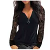 Moda lace malha blusa camisa solta sexy zipper v-pescoço tops inverno casual senhoras tops mulheres manga longa blusas pullover h1230