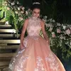 Appliqued Princess Lace Coral Ball Gown Prom Dresses High Neck Beaded Puffy Formal Dancing Gowns 2021 Arabic Women Party Dress AL7204 S