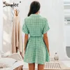 Simplee elegante plaid sjerpen vrouwen jurk korte mouw a-lijn casual streetwear vrouwelijke korte jurk knop zomerjurk LJ200812