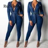 Womens Jumpsuits Rompers 2021 Denim Jumpsuit Kvinnor Långärmad front blixtlås Jeans med Sashes Plus Size Belted Streetwear Overal