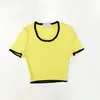 Camiseta de punto para mujer, blusa corta clásica con letras delanteras, camiseta polo de algodón con cuello redondo y manga corta