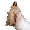 Ljusrosa Puffy Sleepwear Tiered Ruffles Maternity Dress Sheer Long Kvinnor Maternity Dressing Gowns för Photoshoot Graviditet Tulle Robes