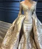 Atemberaubendes Abendkleid mit abnehmbarer Schleppe, transparenter Juwelenausschnitt, lange Ärmel, applizierte, perlenbesetzte Pailletten, formelles Partykleid, maßgeschneidertes Ballkleid CG001