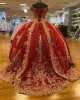 Koyu kırmızı quinceanera elbiseler omuzdan boncuklu altın dantel aplike özel yapım tatlı 16 prenses balo pageant balo elbisesi vestidos 2022 resmi akşam giyim 403