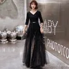 Suknie wieczorowe Vestidos de Noite Preto Lantejoulas Com DeCot EM V Brilho Elegante Pouco A Linha Tule Longo Feminino Formalna Festa de Formatura