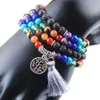 Wojiaer 108 Meditation Multi-Layer Long Strands Armband 7 Chakra Yoga Natural Round Black Volcano Mala Beads Life Tree Tassel Smycken K3211