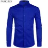 Mäns Royal Blue Dress Shirts Varumärke Banded Mandarin Collar Shirt Male Långärmad Casual Button Down Shirt With Pocket 2XL 201120
